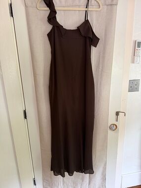 One-Shoulder Brown Ruffle-Trim Slip Dress